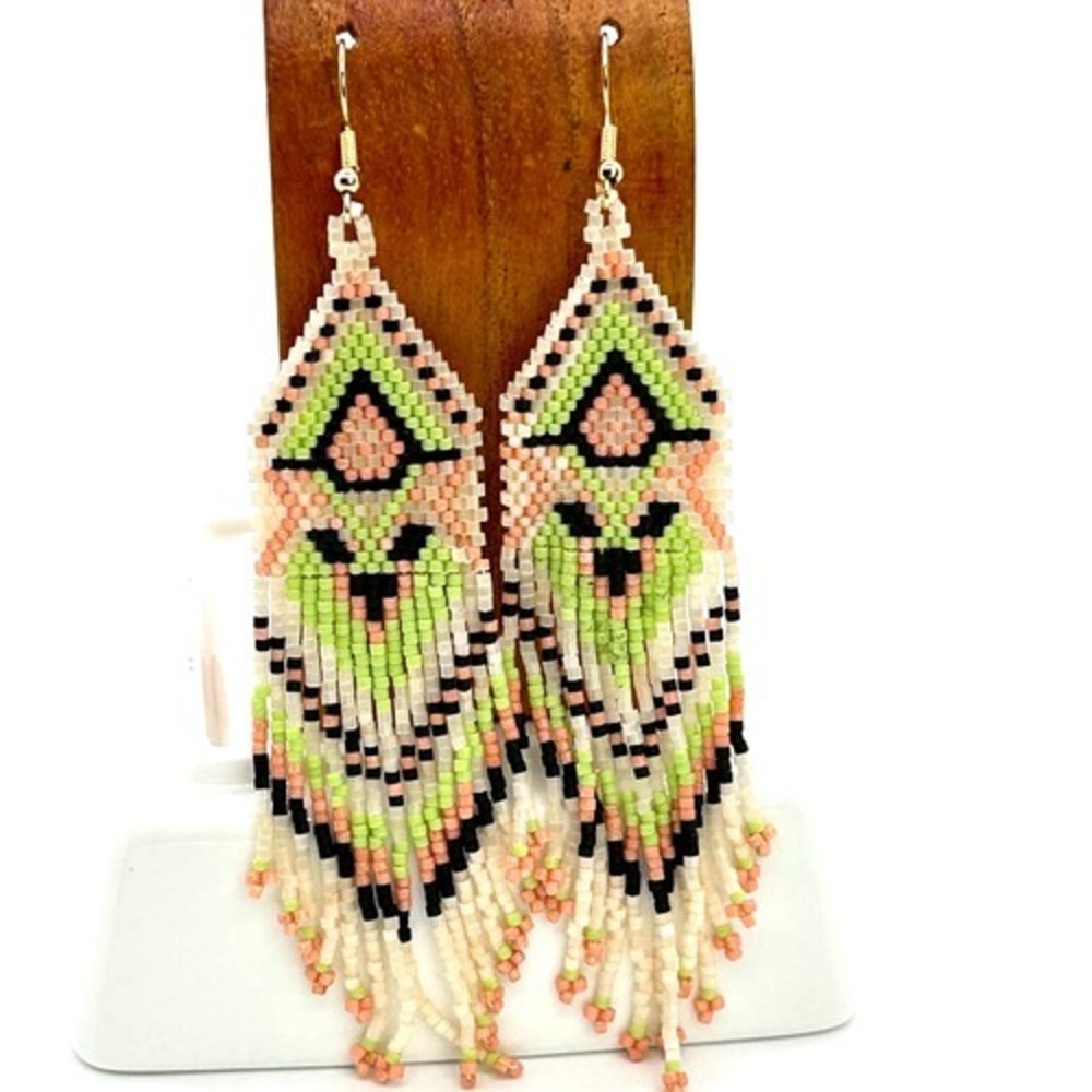Hand Beaded Delica Bead Earrings Long Fringe 18K Gold Plated Ear Wires